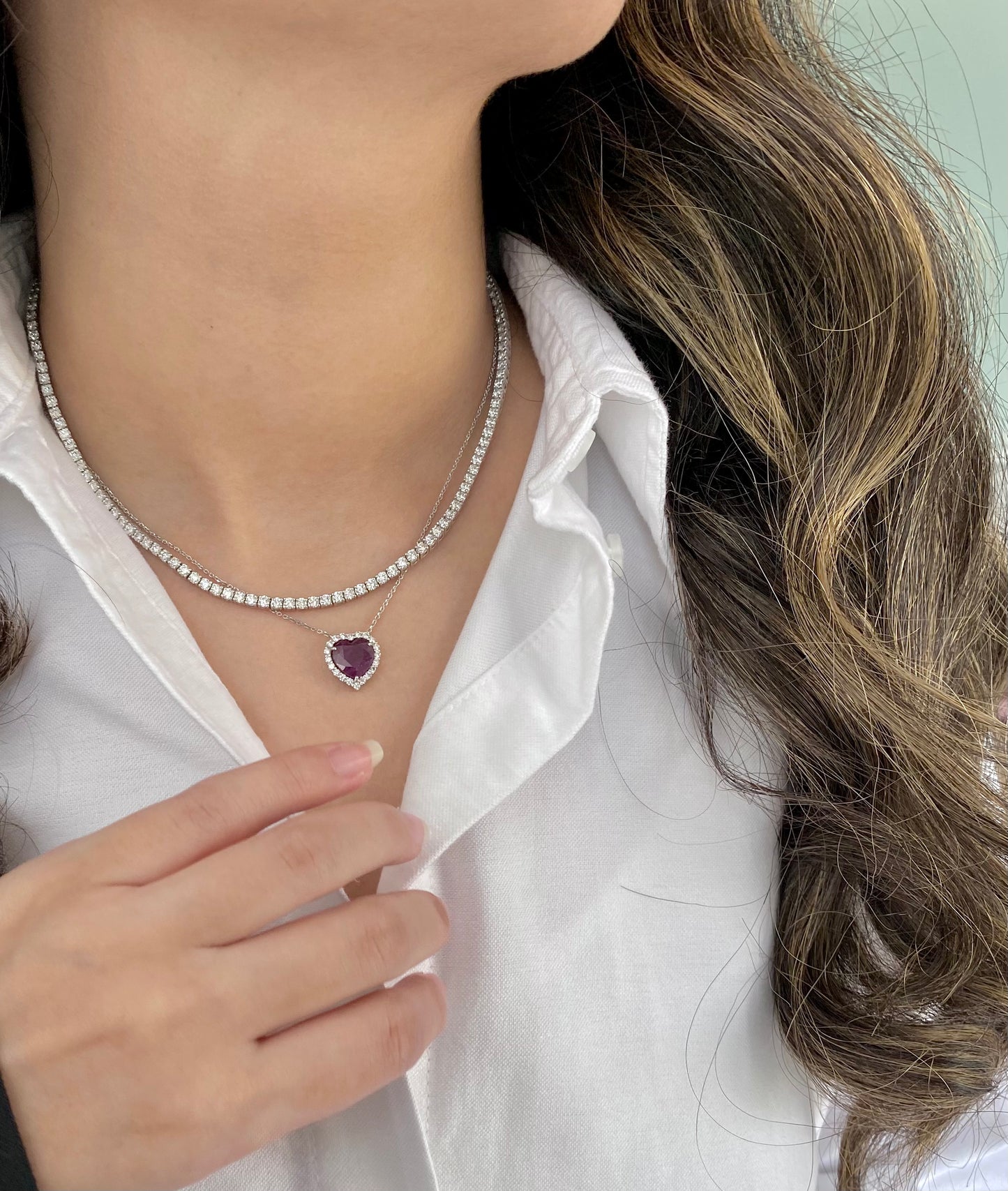 Heart Ruby Diamond Halo Necklace