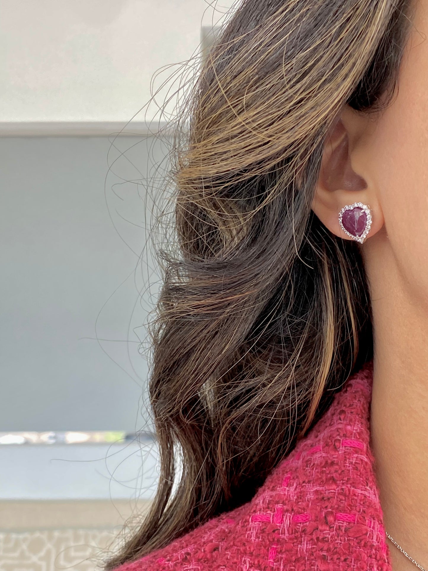 Heart Ruby Diamond Halo Earrings