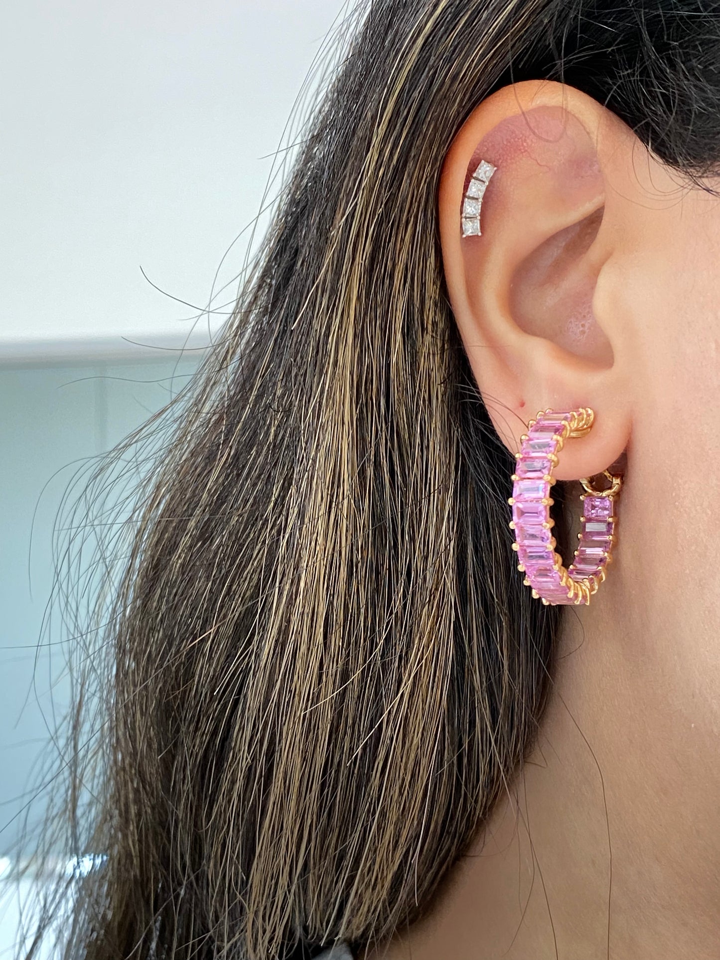 Emerald Cut Pink Sapphire Hoops