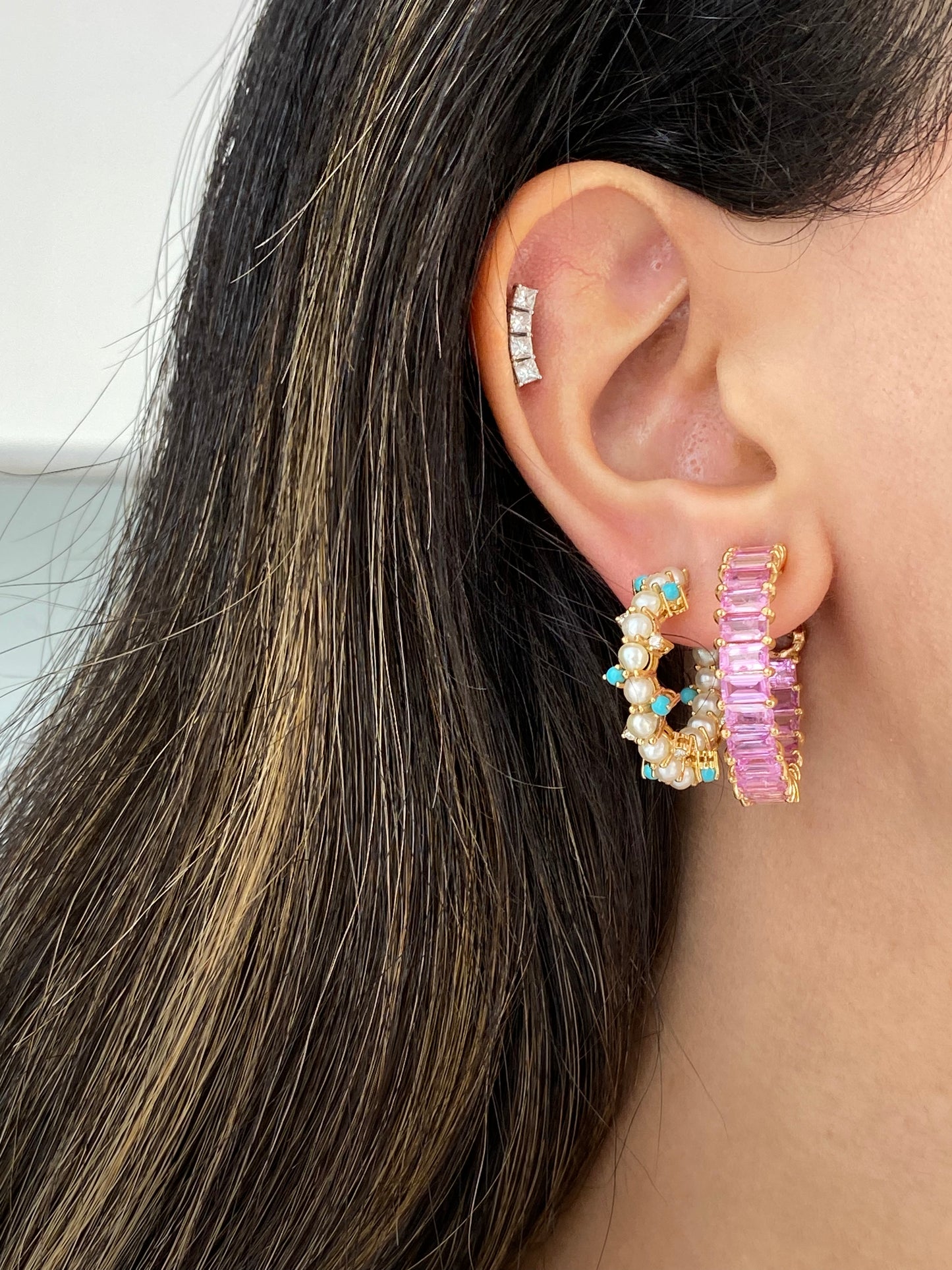 Emerald Cut Pink Sapphire Hoops
