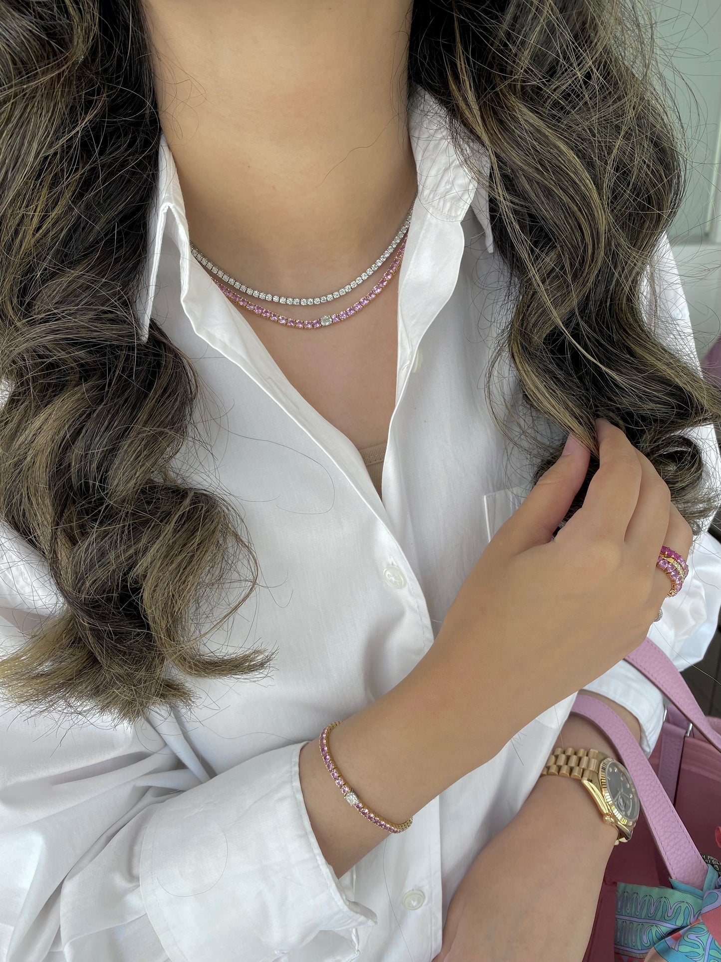 GIA 0.5 ct Solitaire Cushion Diamond Pink Sapphire Necklace