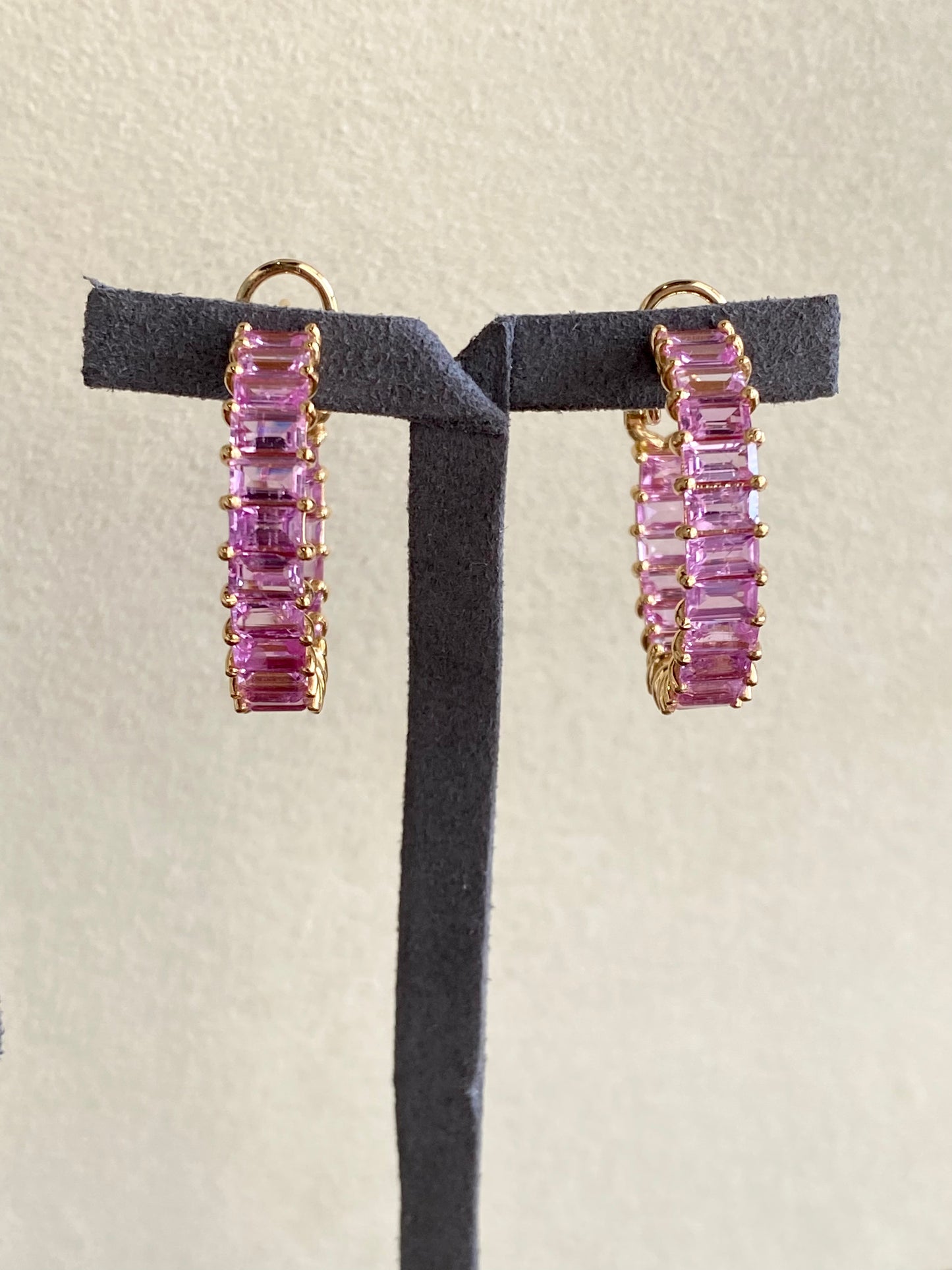Emerald Cut Pink Sapphire Hoops