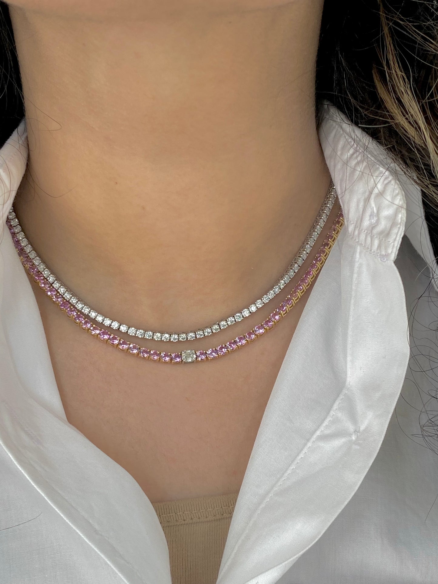 GIA 0.5 ct Solitaire Cushion Diamond Pink Sapphire Necklace