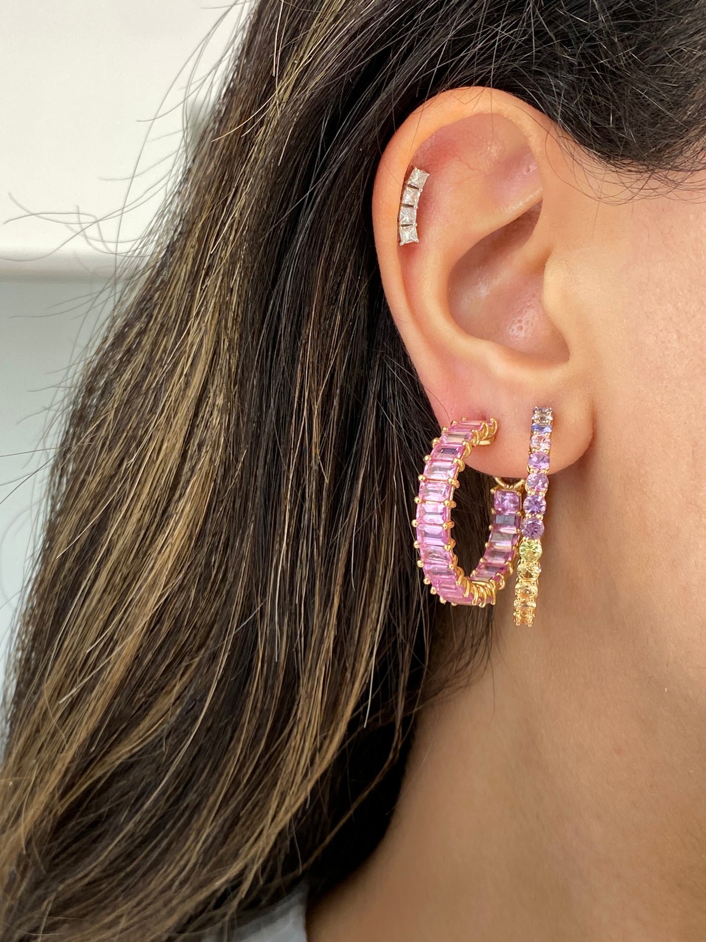 Emerald Cut Pink Sapphire Hoops