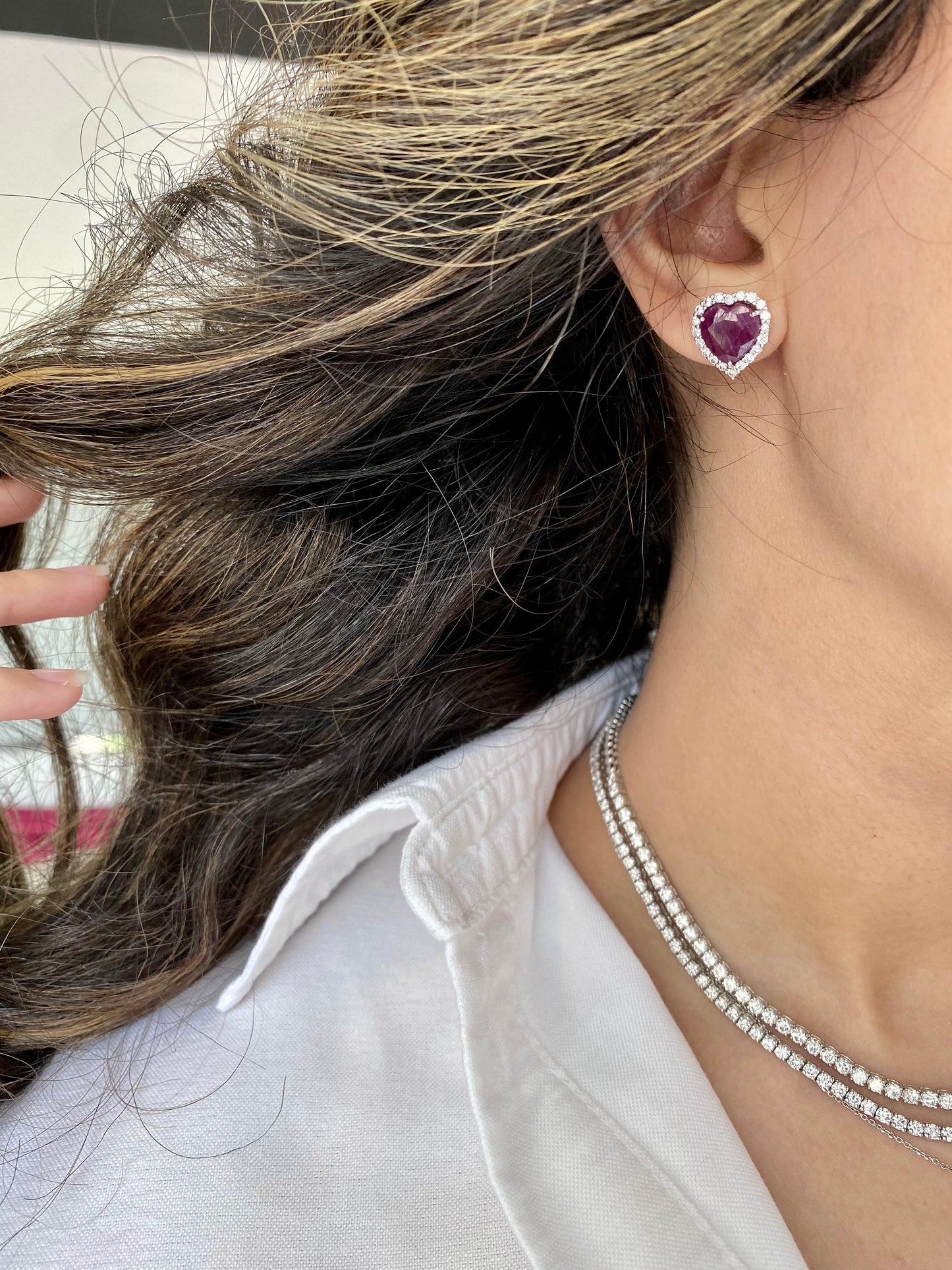 Heart Ruby Diamond Halo Earrings
