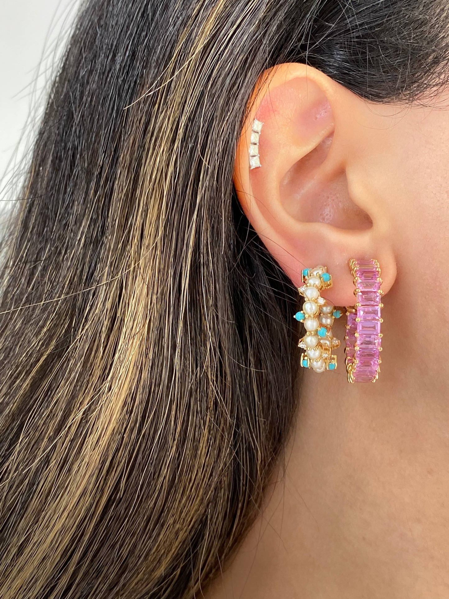 Emerald Cut Pink Sapphire Hoops