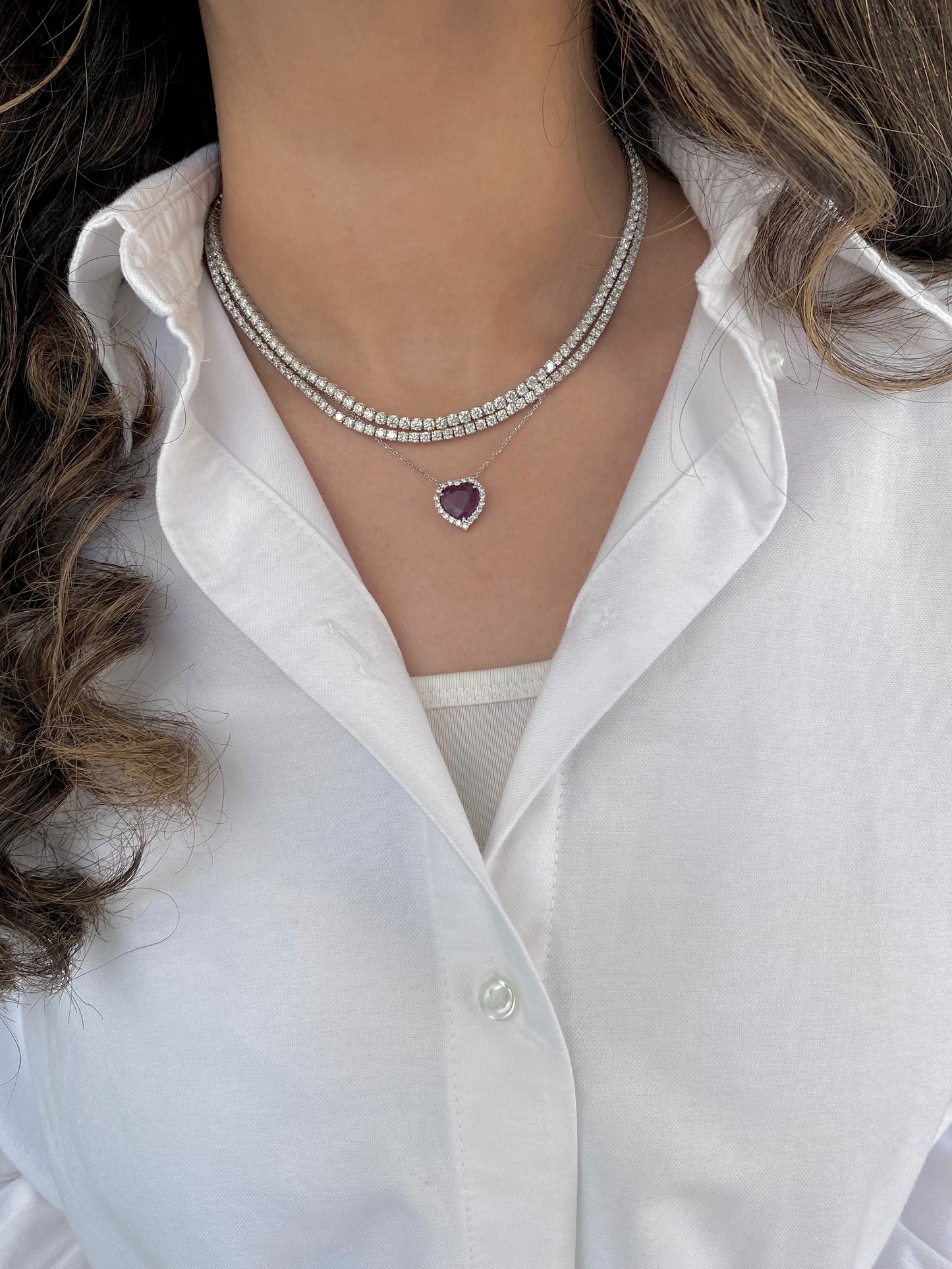 Heart Ruby Diamond Halo Necklace