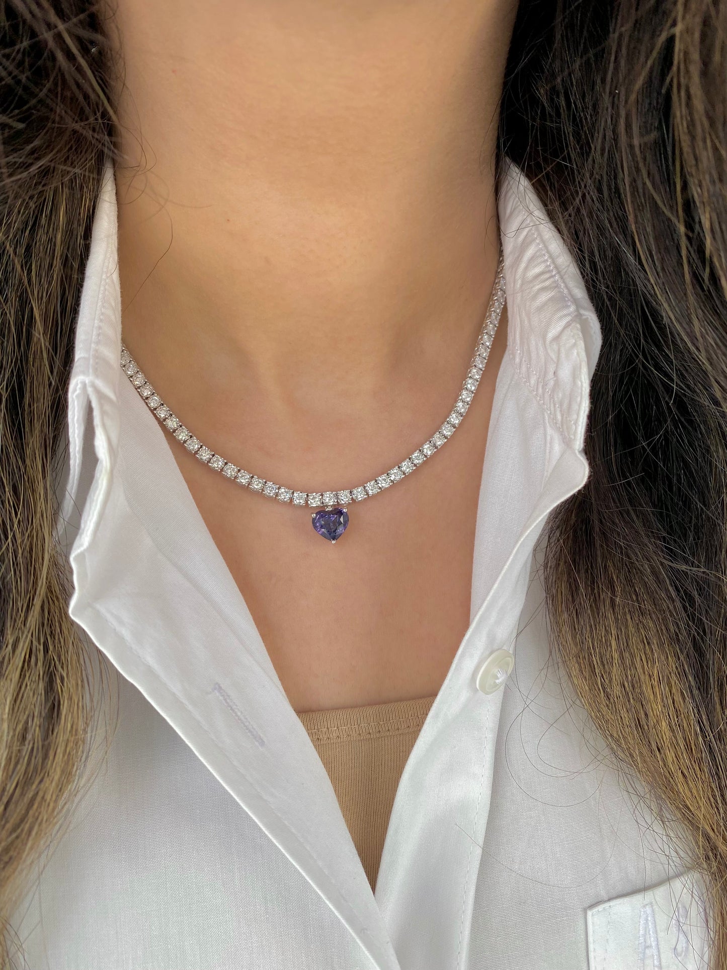Diamond Tennis Necklace with Detachable Heart Spinel
