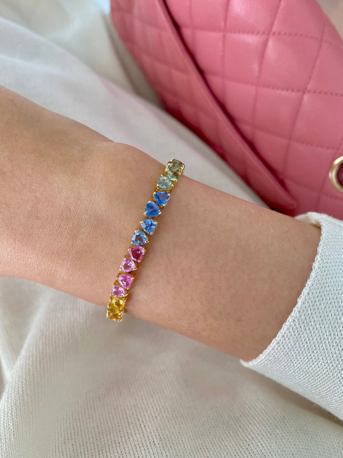 Opposing Rainbow Sapphire Heart Bracelet