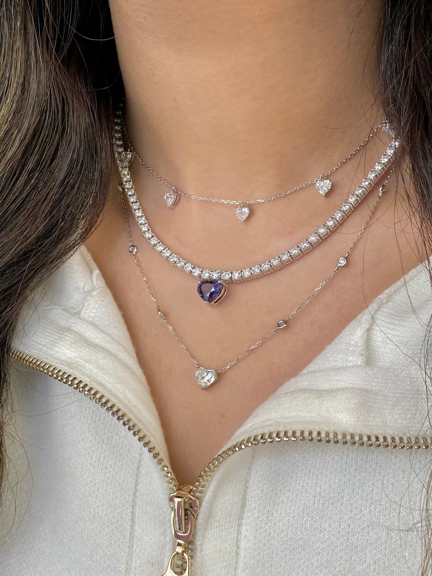 Diamond Tennis Necklace with Detachable Heart Spinel
