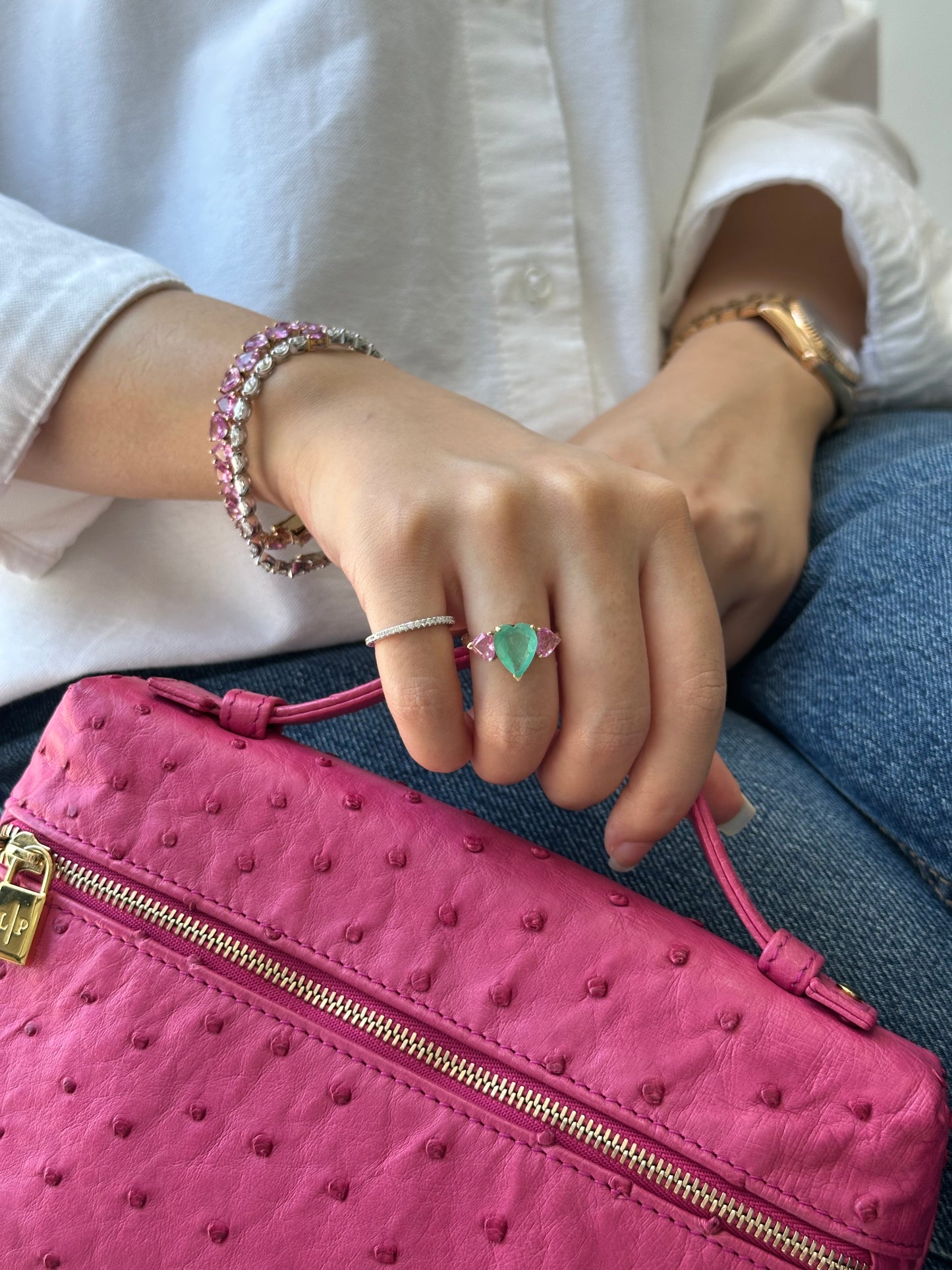 3 Stone Emerald & Pink Sapphire Ring