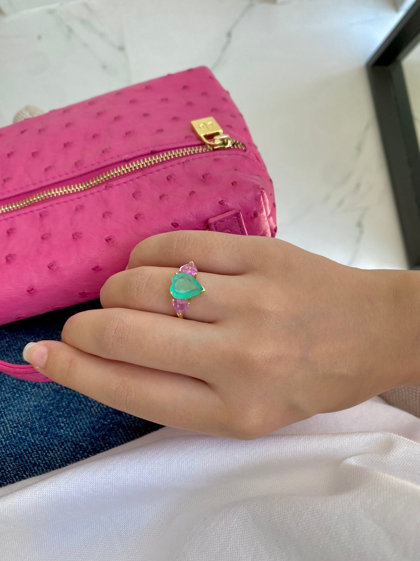 3 Stone Emerald & Pink Sapphire Ring