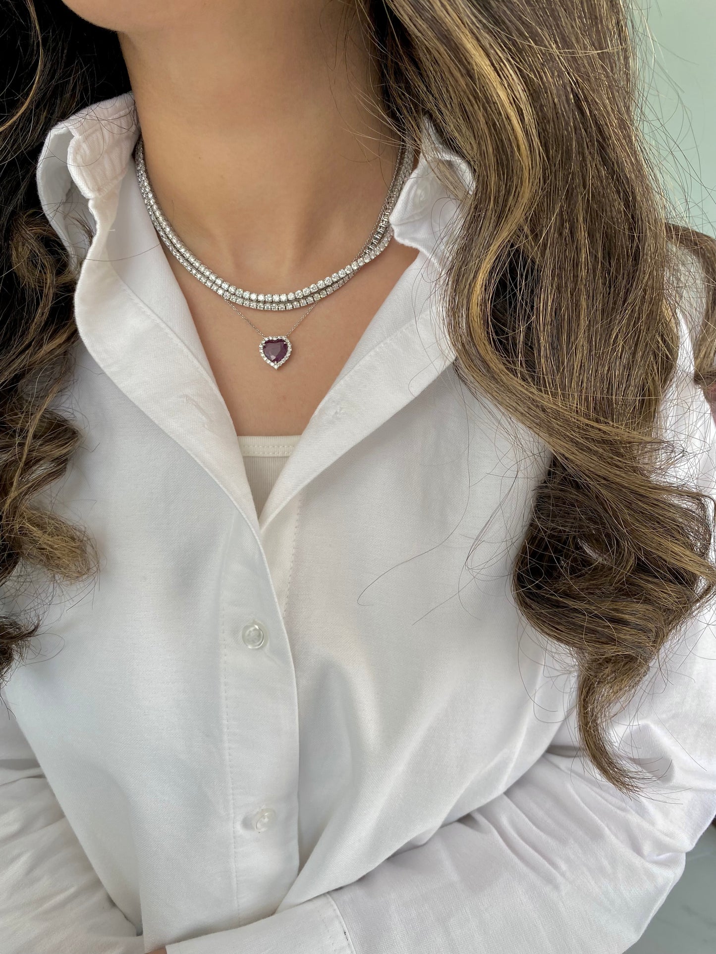Heart Ruby Diamond Halo Necklace