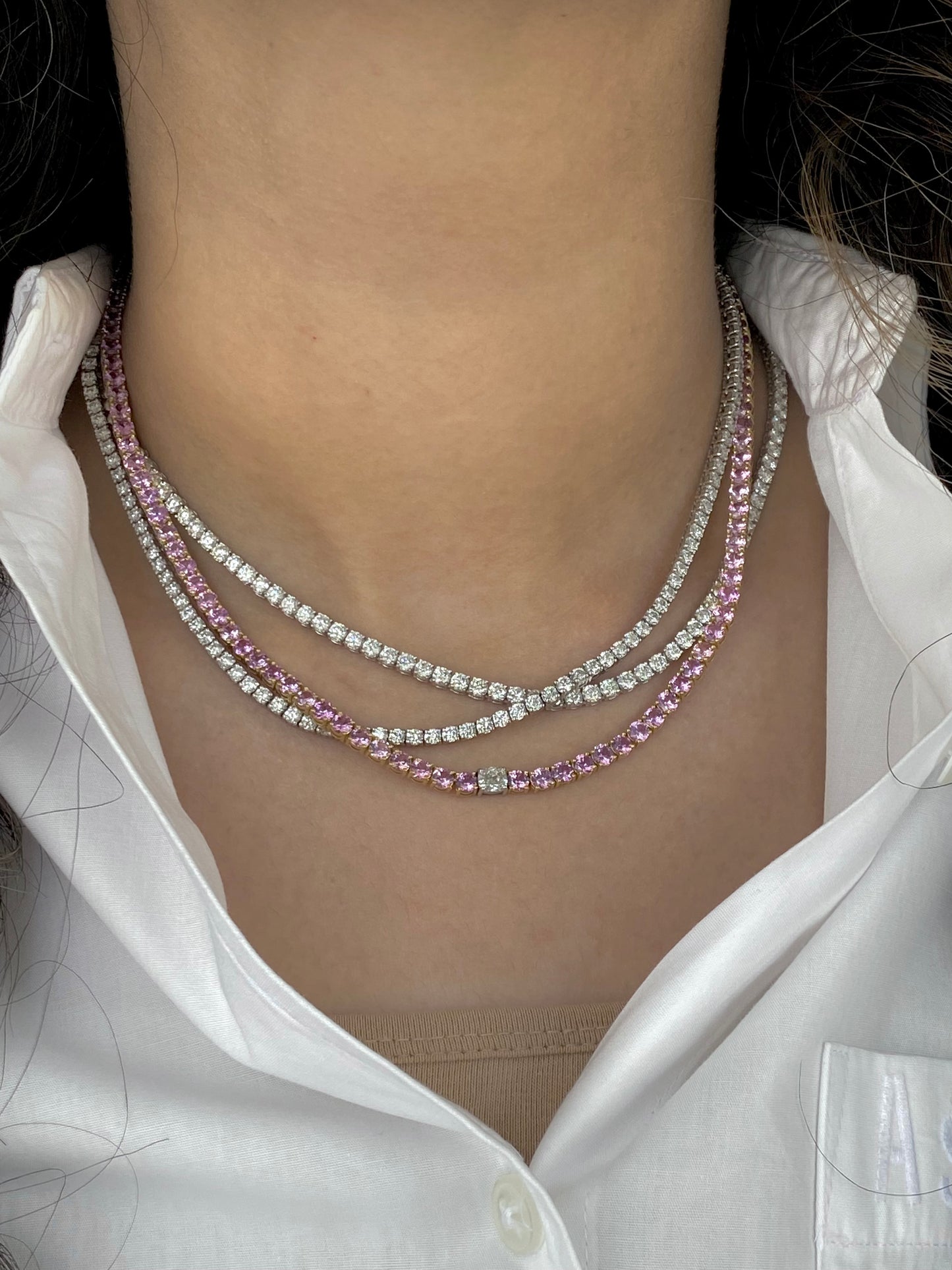 GIA 0.5 ct Solitaire Cushion Diamond Pink Sapphire Necklace